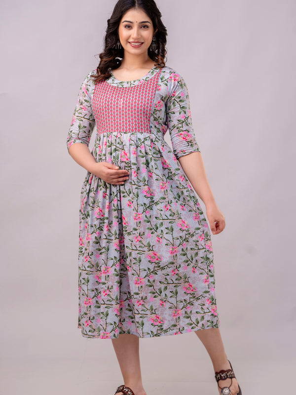 Women's Cotton Grey Floral Maternity Feeding Dress with Zipper