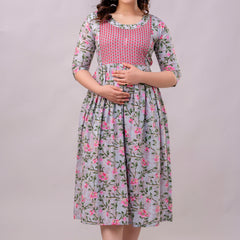 Women's Cotton Grey Floral Maternity Feeding Dress with Zipper