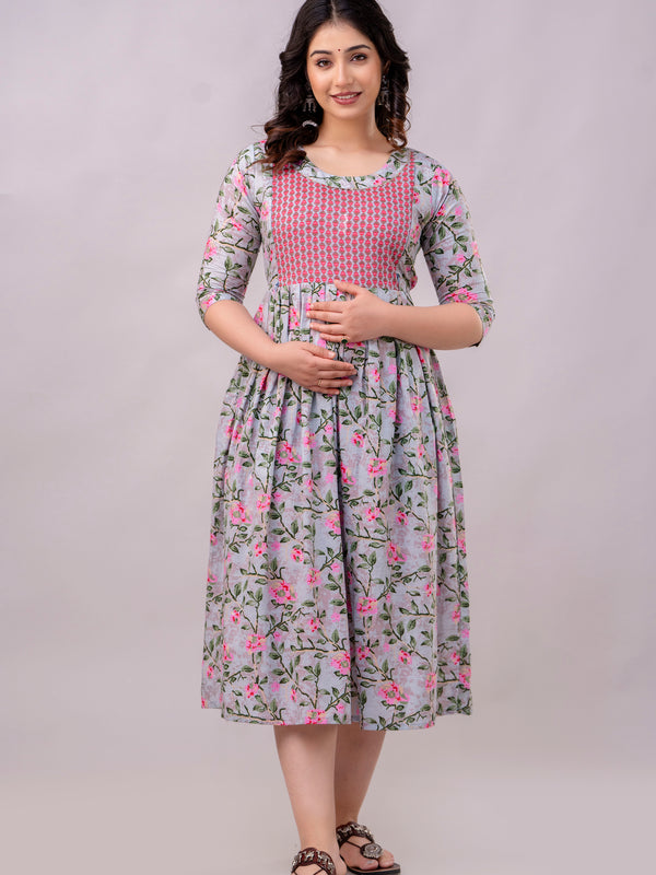 Women's Cotton Grey Floral Maternity Feeding Dress with Zipper