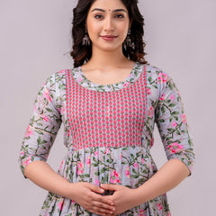Women's Cotton Grey Floral Maternity Feeding Dress with Zipper