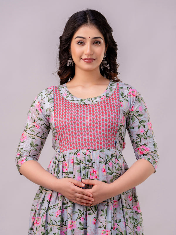 Women's Cotton Grey Floral Maternity Feeding Dress with Zipper