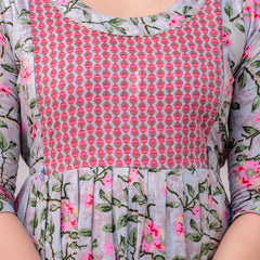 Women's Cotton Grey Floral Maternity Feeding Dress with Zipper