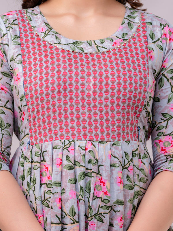 Women's Cotton Grey Floral Maternity Feeding Dress with Zipper
