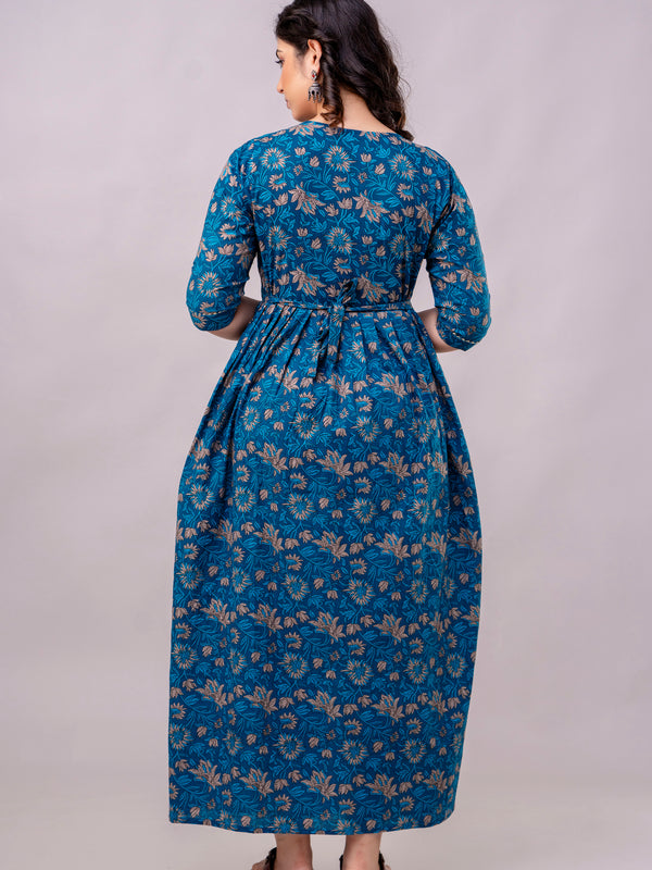 Women's Cotton Floral Maternity Feeding Dress with Zipper