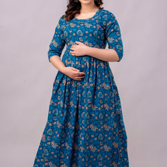 Women's Cotton Floral Maternity Feeding Dress with Zipper