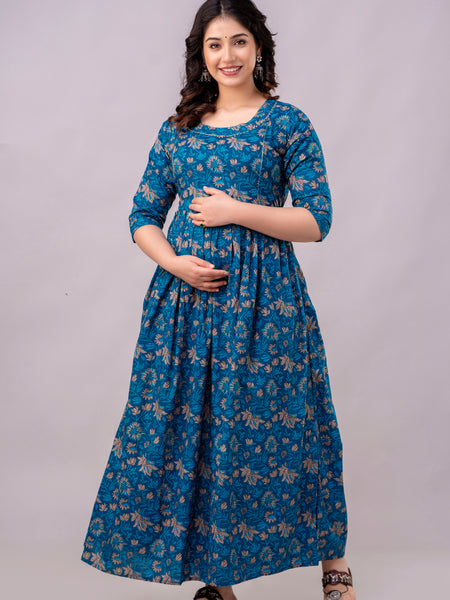 Women's Cotton Floral Maternity Feeding Dress with Zipper