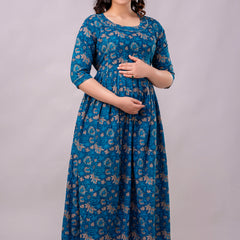 Women's Cotton Floral Maternity Feeding Dress with Zipper