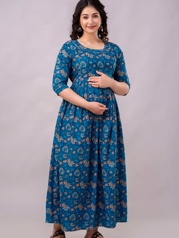 Women's Cotton Floral Maternity Feeding Dress with Zipper