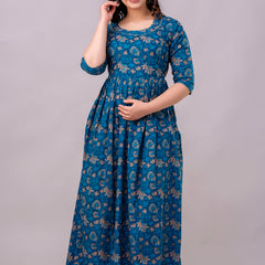 Women's Cotton Floral Maternity Feeding Dress with Zipper