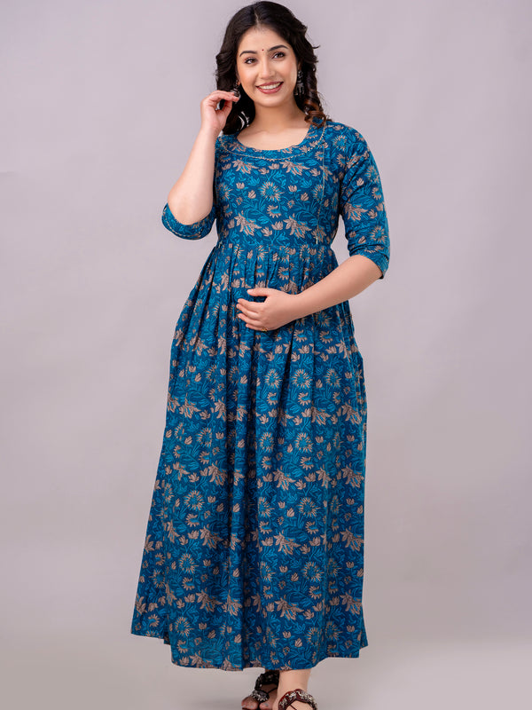 Women's Cotton Floral Maternity Feeding Dress with Zipper