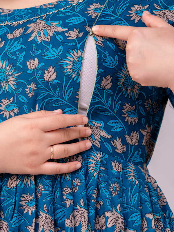 Women's Cotton Floral Maternity Feeding Dress with Zipper