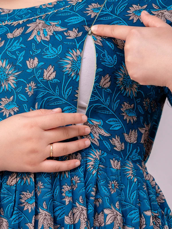 Women's Cotton Floral Maternity Feeding Dress with Zipper
