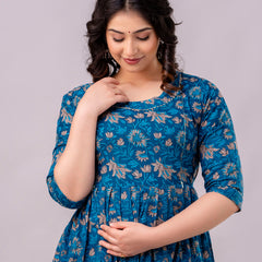 Women's Cotton Floral Maternity Feeding Dress with Zipper