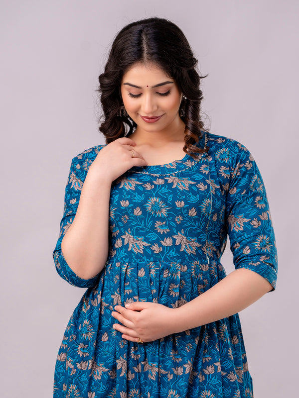 Women's Cotton Floral Maternity Feeding Dress with Zipper