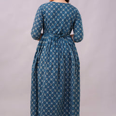 Women's Cotton Teal Blue Floral Maternity Feeding Dress with Zipper
