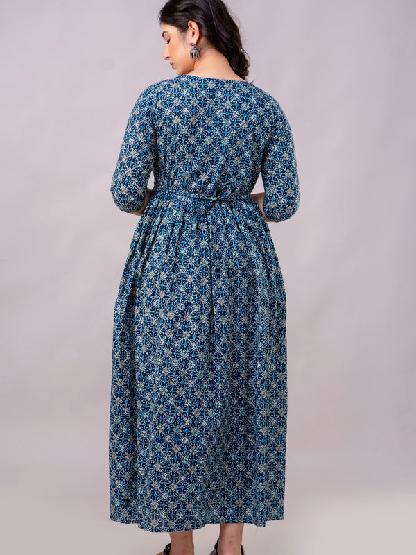 Women's Cotton Teal Blue Floral Maternity Feeding Dress with Zipper