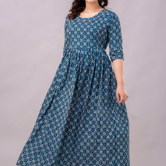 Women's Cotton Teal Blue Floral Maternity Feeding Dress with Zipper