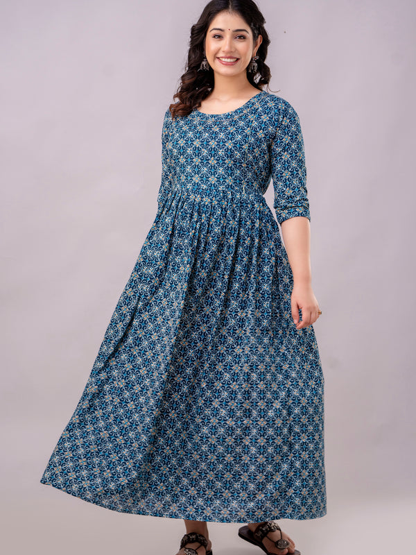 Women's Cotton Teal Blue Floral Maternity Feeding Dress with Zipper