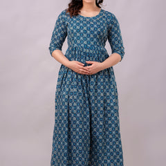 Women's Cotton Teal Blue Floral Maternity Feeding Dress with Zipper