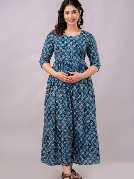 Women's Cotton Teal Blue Floral Maternity Feeding Dress with Zipper