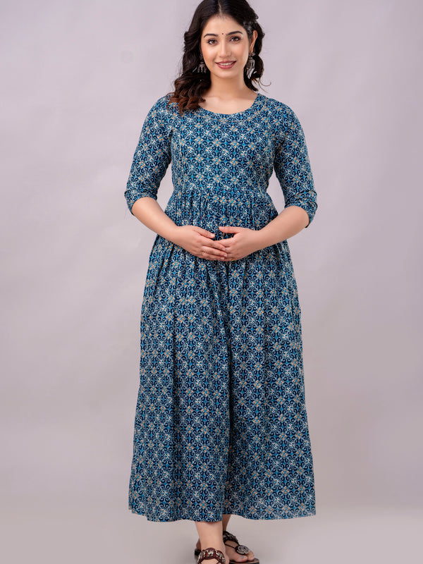 Women's Cotton Teal Blue Floral Maternity Feeding Dress with Zipper