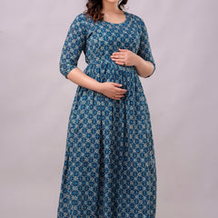 Women's Cotton Teal Blue Floral Maternity Feeding Dress with Zipper