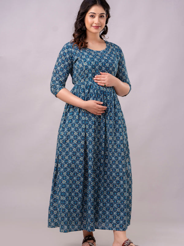 Women's Cotton Teal Blue Floral Maternity Feeding Dress with Zipper