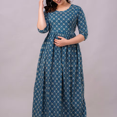 Women's Cotton Teal Blue Floral Maternity Feeding Dress with Zipper