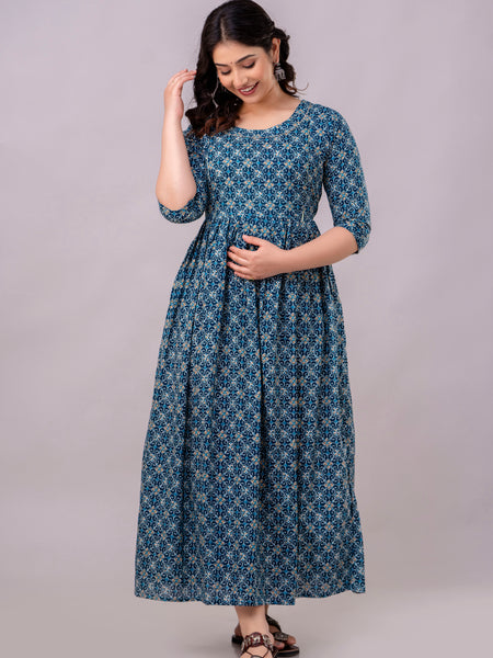 Women's Cotton Teal Blue Floral Maternity Feeding Dress with Zipper