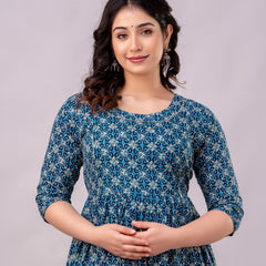 Women's Cotton Teal Blue Floral Maternity Feeding Dress with Zipper