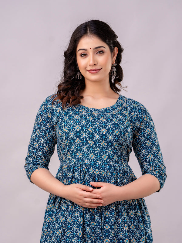 Women's Cotton Teal Blue Floral Maternity Feeding Dress with Zipper
