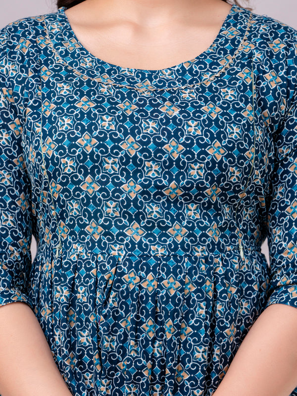 Women's Cotton Teal Blue Floral Maternity Feeding Dress with Zipper
