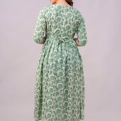 Women's Cotton Pista Green Floral Maternity Feeding Dress with Zipper