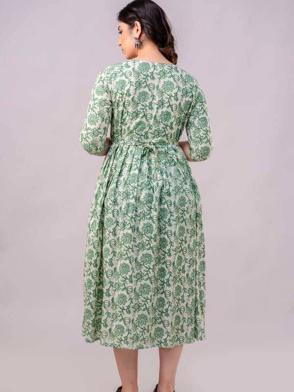 Women's Cotton Pista Green Floral Maternity Feeding Dress with Zipper