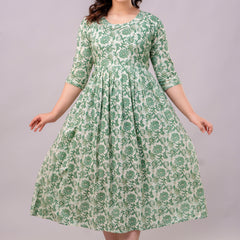 Women's Cotton Pista Green Floral Maternity Feeding Dress with Zipper