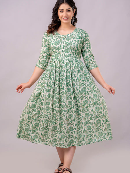 Women's Cotton Pista Green Floral Maternity Feeding Dress with Zipper