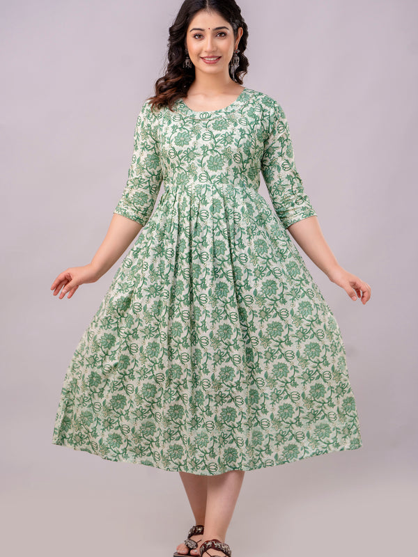 Women's Cotton Pista Green Floral Maternity Feeding Dress with Zipper