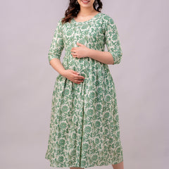 Women's Cotton Pista Green Floral Maternity Feeding Dress with Zipper