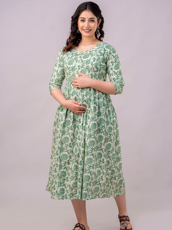 Women's Cotton Pista Green Floral Maternity Feeding Dress with Zipper