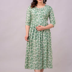 Women's Cotton Pista Green Floral Maternity Feeding Dress with Zipper