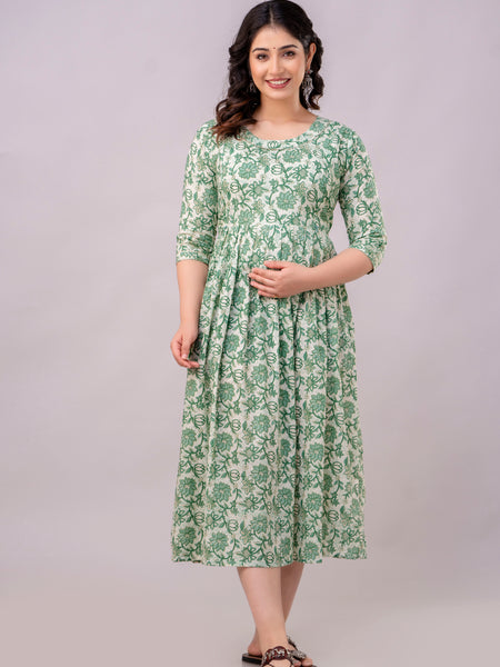 Women's Cotton Pista Green Floral Maternity Feeding Dress with Zipper