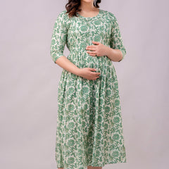 Women's Cotton Pista Green Floral Maternity Feeding Dress with Zipper