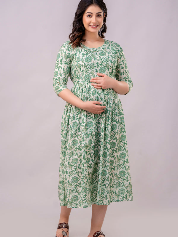 Women's Cotton Pista Green Floral Maternity Feeding Dress with Zipper
