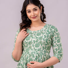 Women's Cotton Pista Green Floral Maternity Feeding Dress with Zipper