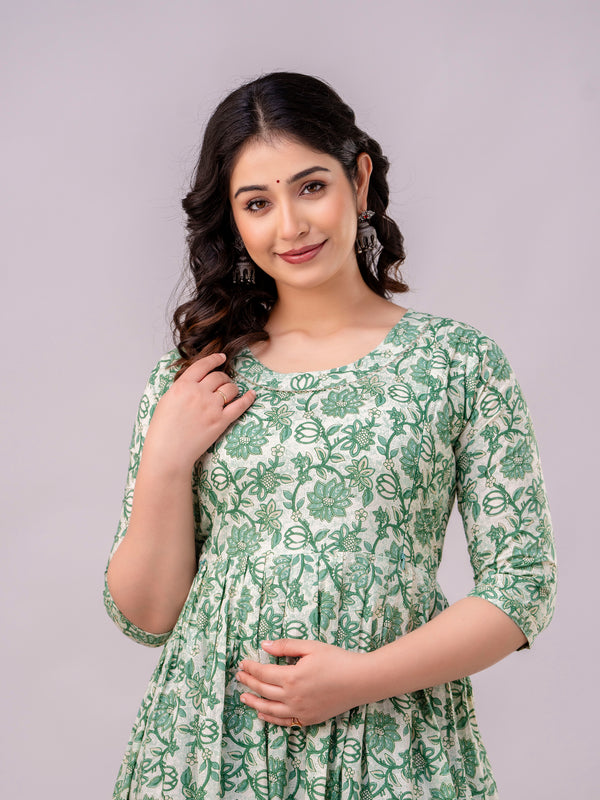 Women's Cotton Pista Green Floral Maternity Feeding Dress with Zipper
