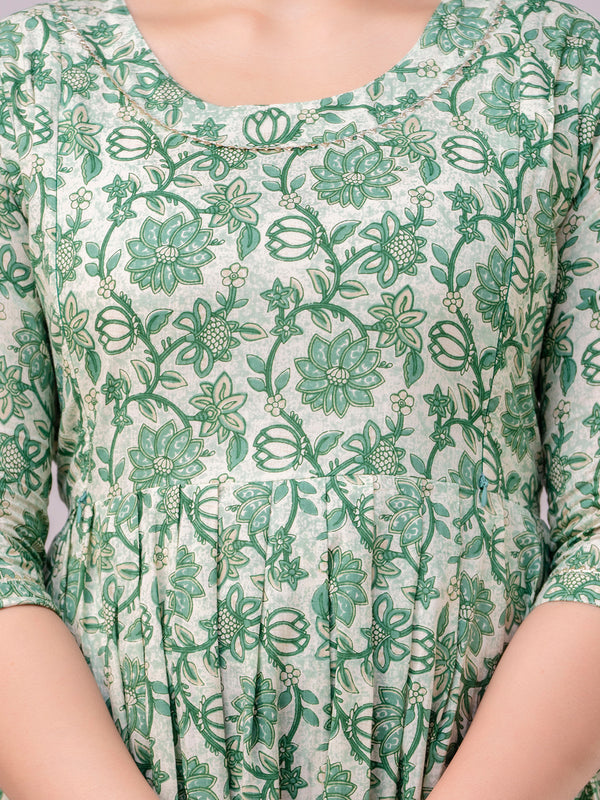 Women's Cotton Pista Green Floral Maternity Feeding Dress with Zipper