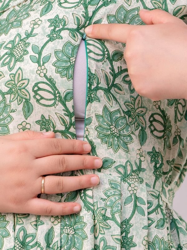 Women's Cotton Pista Green Floral Maternity Feeding Dress with Zipper