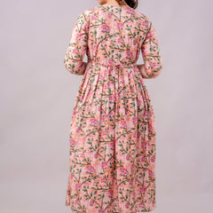 Women's Cotton Peach Floral Maternity Feeding Dress with Zipper
