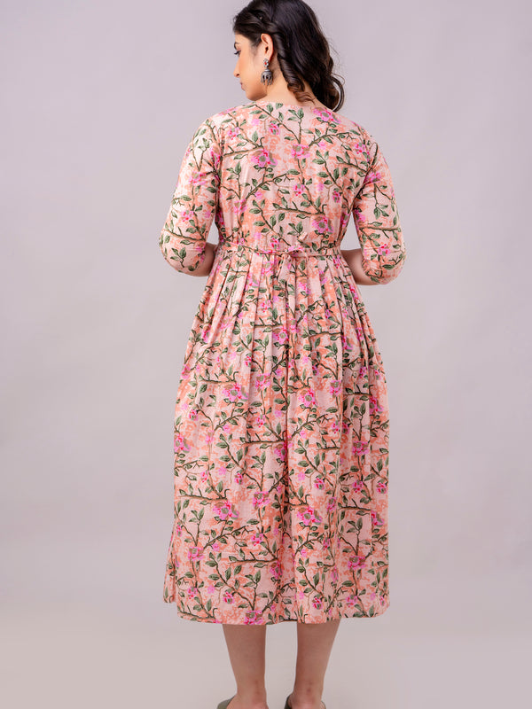 Women's Cotton Peach Floral Maternity Feeding Dress with Zipper