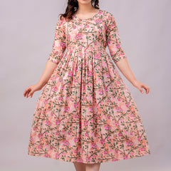 Women's Cotton Peach Floral Maternity Feeding Dress with Zipper